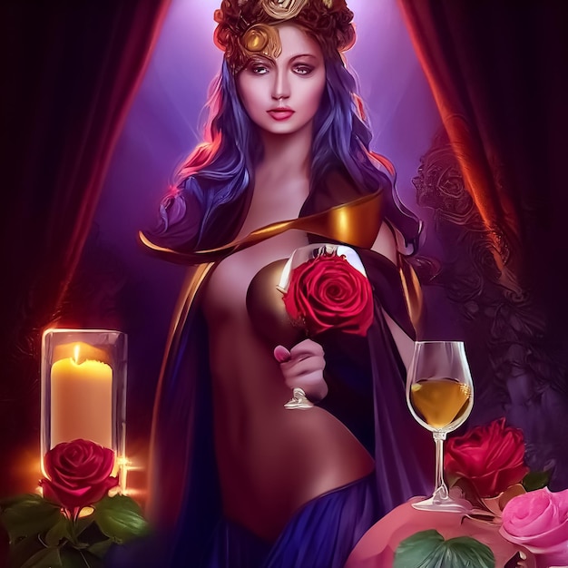 Ein Gemälde einer Frau mit einer Rose auf dem Kopf