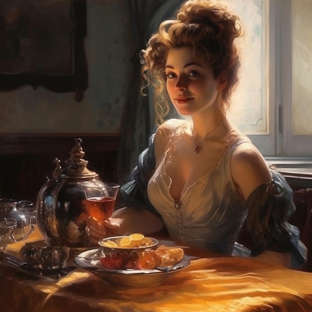 Ein Gemälde einer Frau mit einer Teekanne und einem Glas Orangensaft.