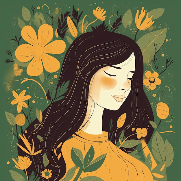 Ein Gemälde einer Frau mit geschlossenen Augen in einem Blumenbeet in einem üppigen Garten, Vektorgrafik