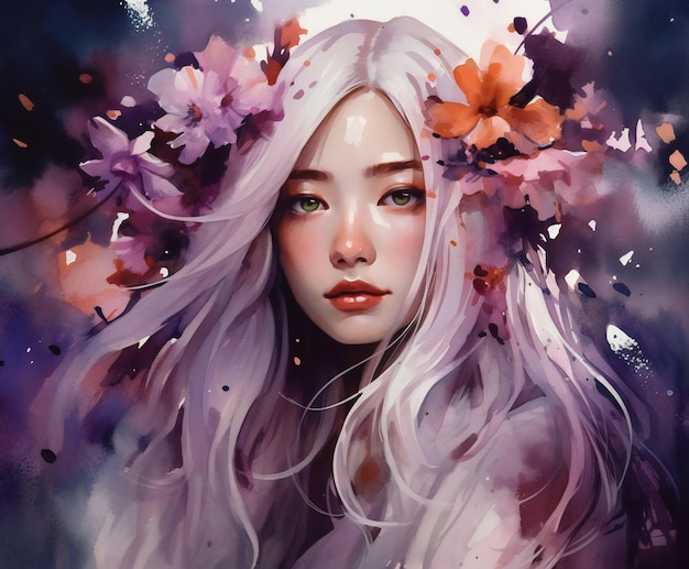Ein Gemälde einer Frau mit lila Haaren und Blumen auf dem Kopf.