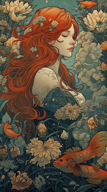 Ein Gemälde einer Frau mit roten Haaren und einem Fisch auf dem Kopf