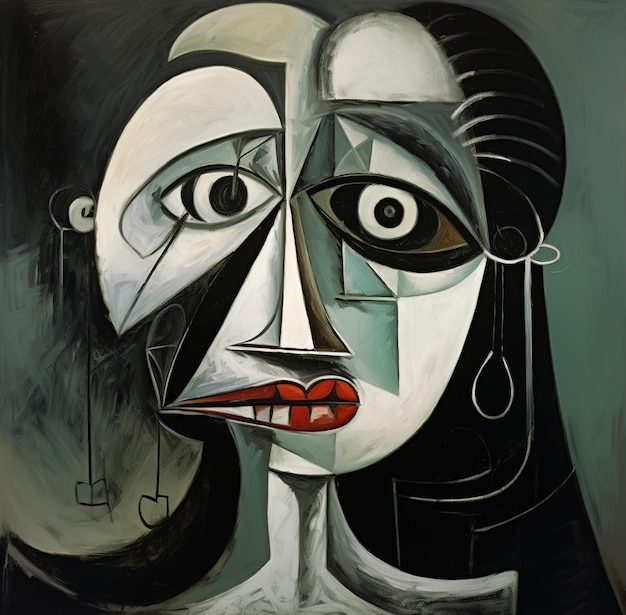 ein Gemälde einer Frau mit roten Lippen und einem schwarz-weißen Gesicht