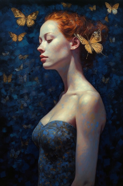 Ein Gemälde einer Frau mit Schmetterlingen auf dem Kopf