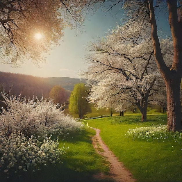 ein Gemälde einer Frühlingslandschaft mit einem Pfad, der zu einem Wald führt