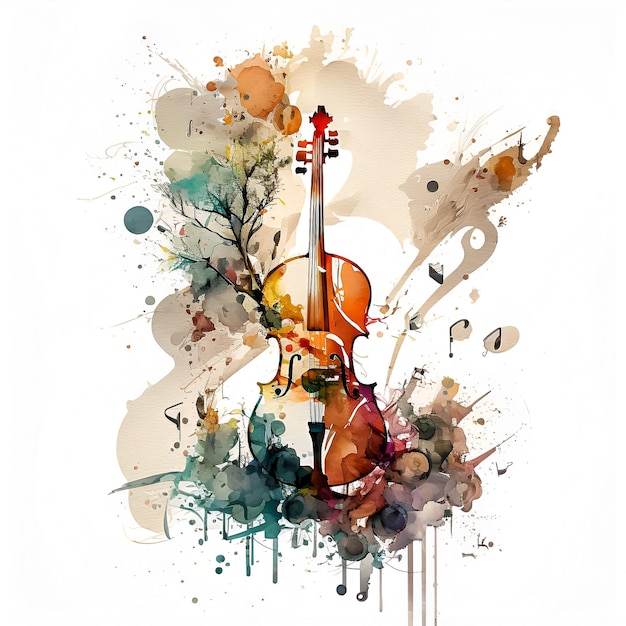 Ein Gemälde einer Geige mit einem Bogen und Blättern darauf