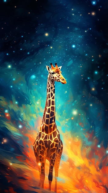 Ein Gemälde einer Giraffe, die vor einem Feuer steht