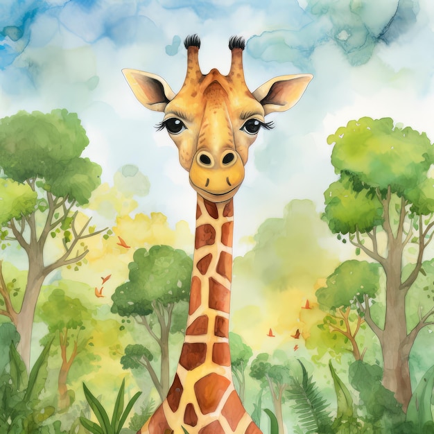 Ein Gemälde einer Giraffe mit blauem Himmel und Bäumen im Hintergrund.