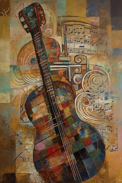 Ein Gemälde einer Gitarre mit Noten darauf