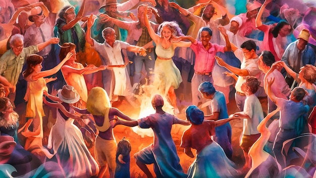 ein Gemälde einer Gruppe von Menschen, die um ein Feuer herum tanzen