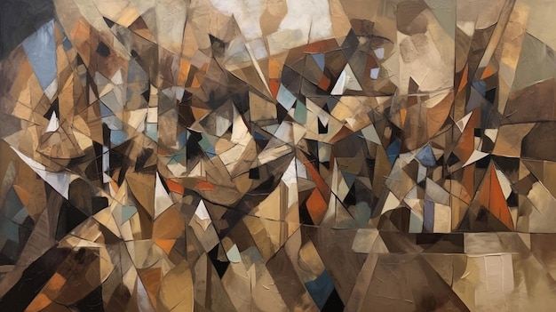 Ein Gemälde einer Gruppe von Menschen mit schwarzem Hintergrund und einem geometrischen Muster in Gold und Braun.