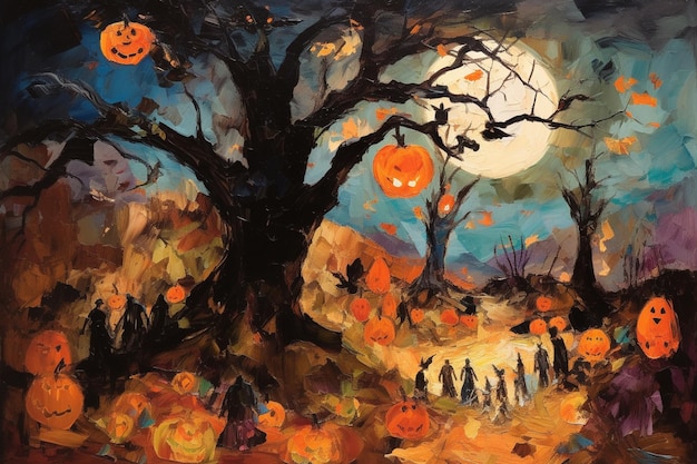 Ein Gemälde einer Halloween-Szene mit Kürbissen und einem Baum mit dem Mond im Hintergrund.