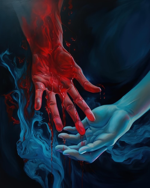 Ein Gemälde einer Hand, die nach einer anderen Hand greift.