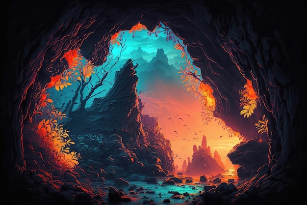 Ein Gemälde einer Höhle mit einem blauen und orangefarbenen Hintergrund und einem roten und blauen Hintergrund