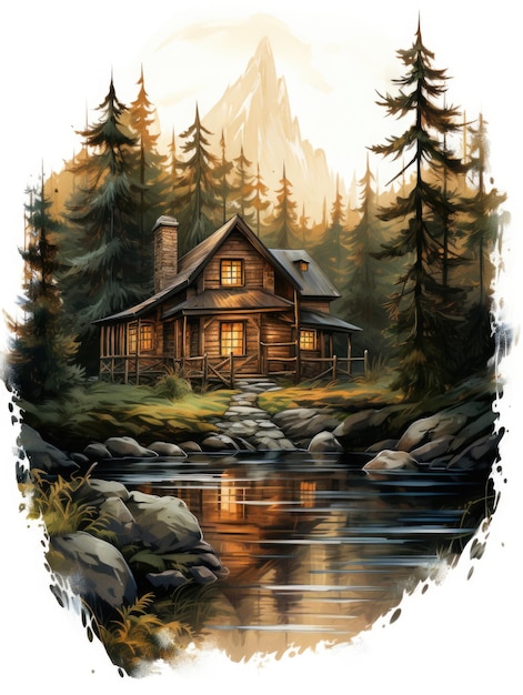 Ein Gemälde einer Hütte im Wald