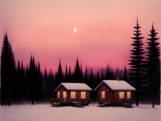 Ein Gemälde einer Hütte in einem verschneiten Wald mit einem Sonnenuntergang im Hintergrund