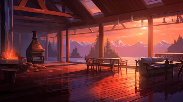ein Gemälde einer Hütte mit Bergen im Hintergrund.
