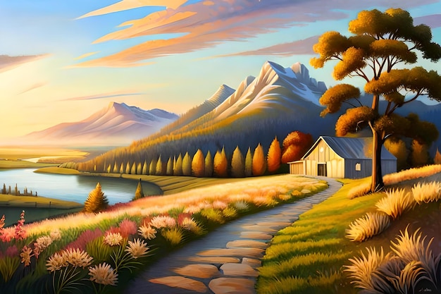 Ein Gemälde einer Hütte von einer Person