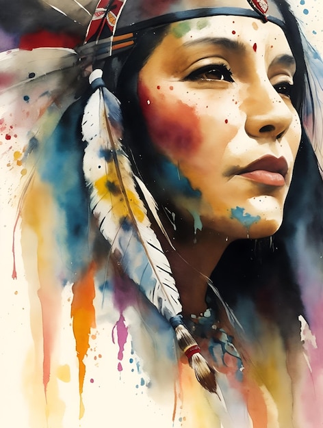 Ein Gemälde einer indianischen Frau mit Federn auf dem Kopf.