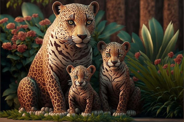 Ein Gemälde einer Jaguarfamilie mit zwei Jungen