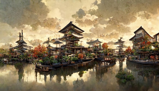 Ein Gemälde einer japanischen Stadt mit einer Pagode und einem Teich.