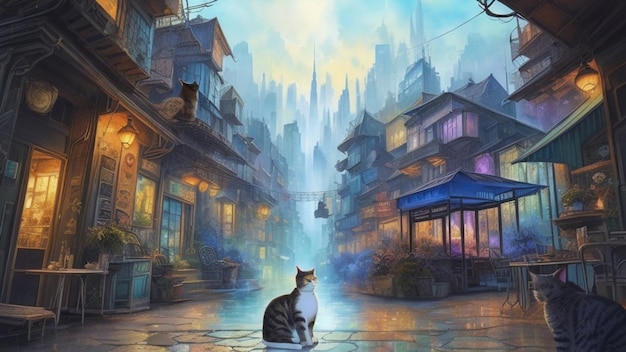 Ein Gemälde einer Katze, die auf einem Steinweg in einer futuristischen Stadt sitzt