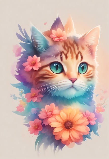 ein Gemälde einer Katze mit Blumen und ein Bild einer Katze.