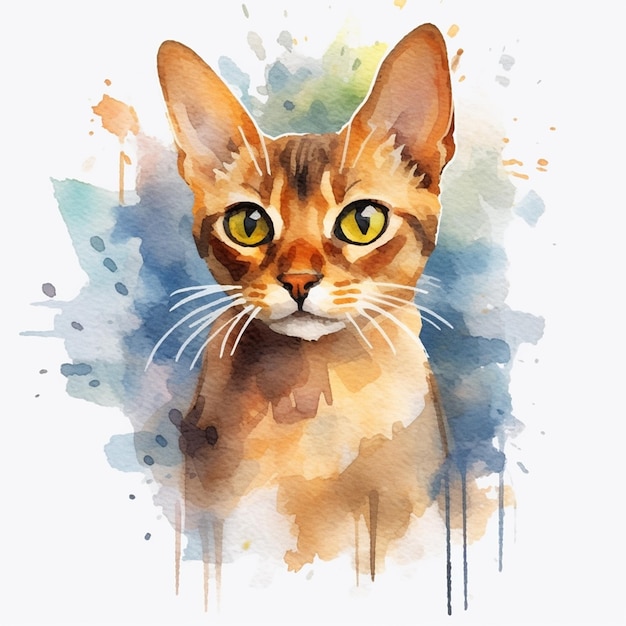 Ein Gemälde einer Katze mit gelben Augen und blauem Hintergrund.