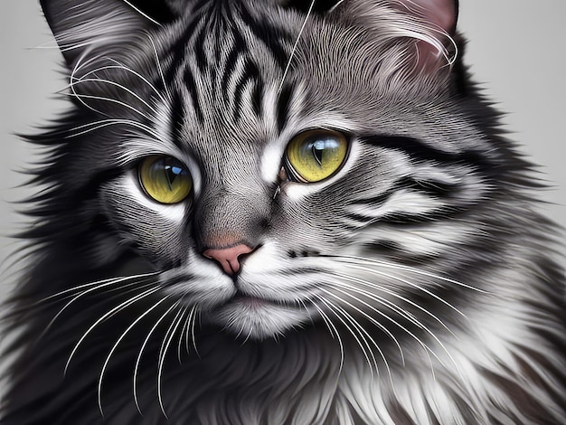 Ein Gemälde einer Katze mit gelben Augen und Streifen.