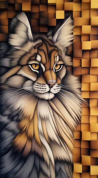 Ein Gemälde einer Katze mit goldenem und orangefarbenem Hintergrund.