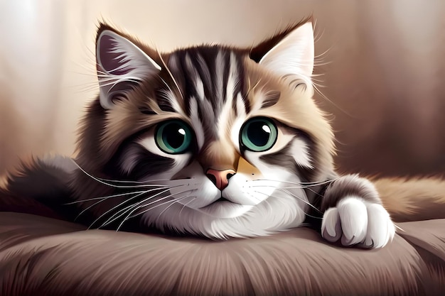 Ein Gemälde einer Katze mit grünen Augen, die auf einer Couch liegt.