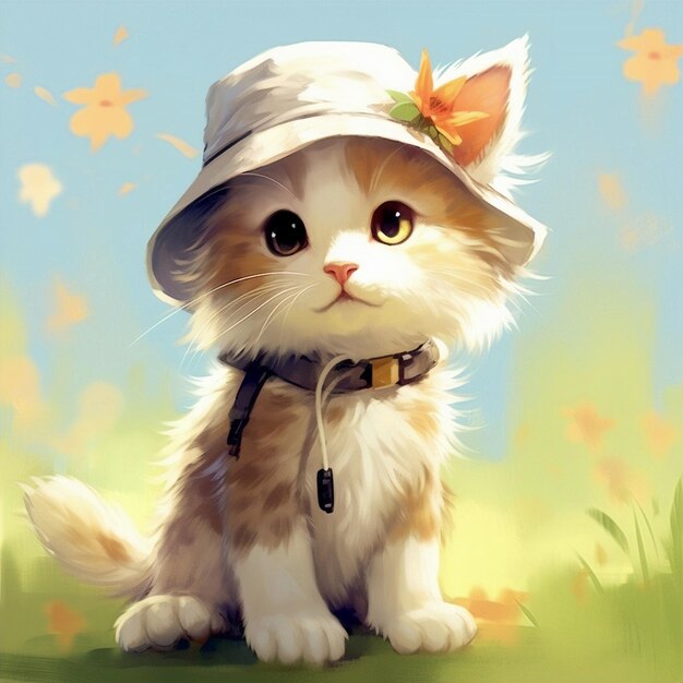 Ein Gemälde einer Katze mit Hut und Fliege.