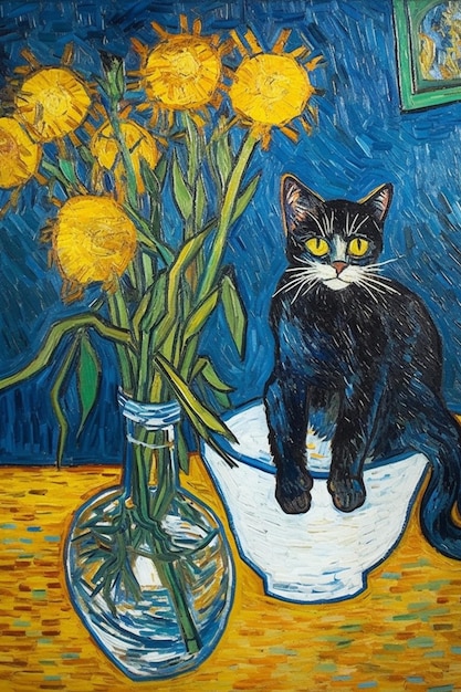 Ein Gemälde einer Katze und einer Vase mit gelben Blumen.