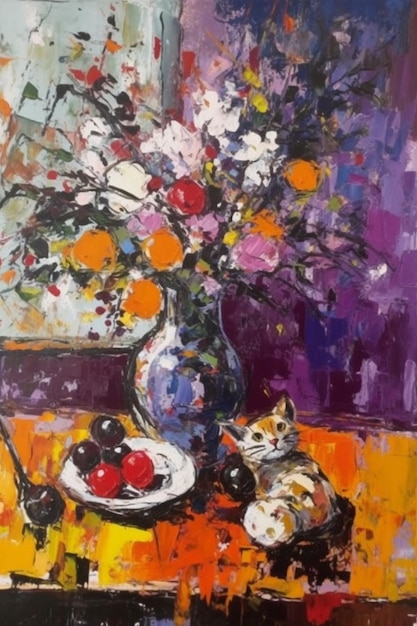 Ein Gemälde einer Katze und eines Obsttellers.