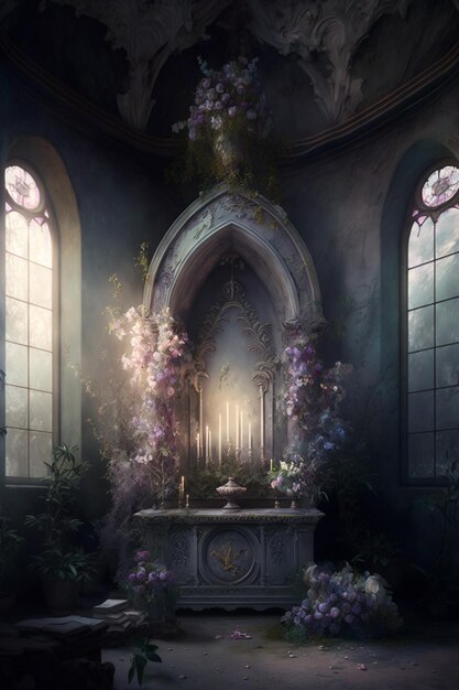 Ein Gemälde einer Kirche mit einem Altar und Blumen darauf.