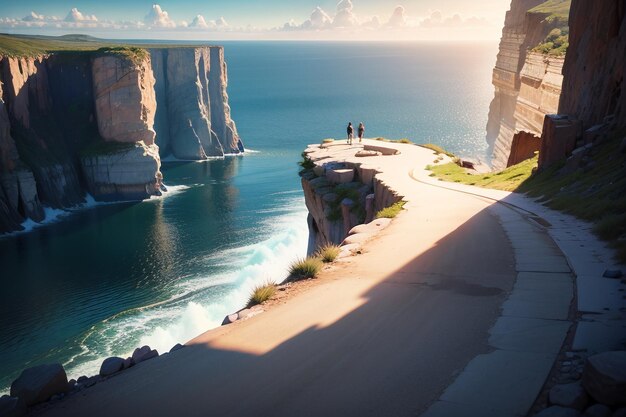 Ein Gemälde einer Klippe mit Blick auf das Meer und den Himmel.