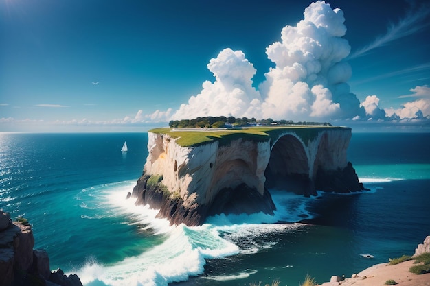 Ein Gemälde einer Klippe mit einer Brücke im Hintergrund
