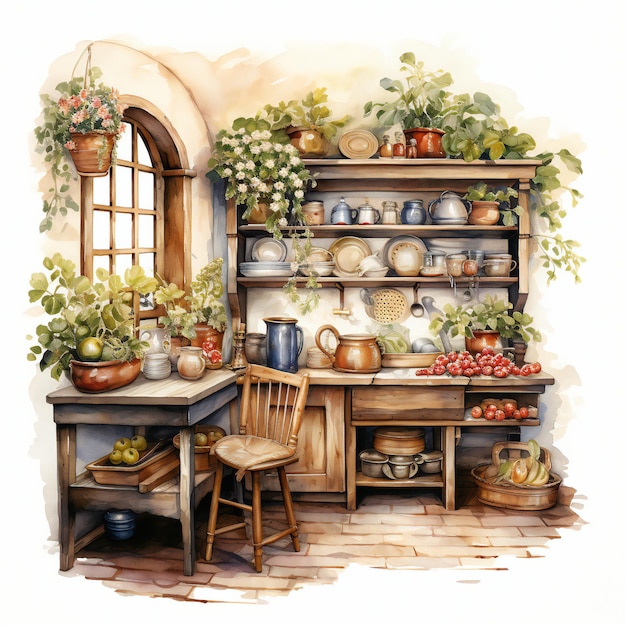 ein Gemälde einer Küche mit einem Fenster und einer Pflanze auf dem Tisch.