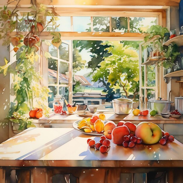 ein Gemälde einer Küche mit Äpfeln und einem Fenster