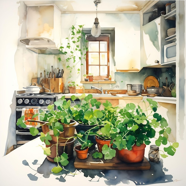 ein Gemälde einer Küche mit Pflanzen und einem Fenster