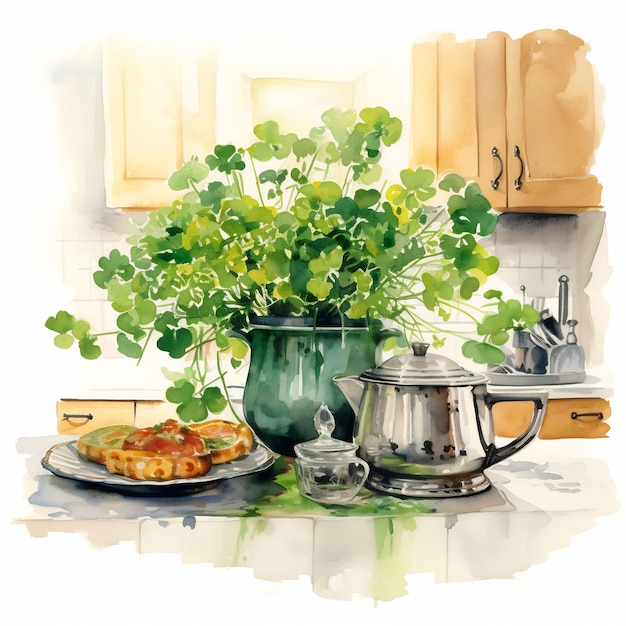 ein Gemälde einer Küchentheke mit einem Topf mit Essen und einem Topf mit Blumen