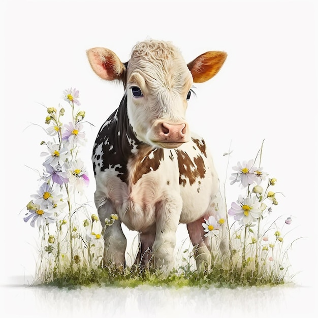 Ein Gemälde einer Kuh mit Blumen darauf