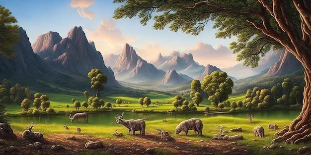 Ein Gemälde einer Landschaft mit Bergen im Hintergrund.