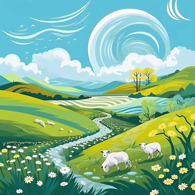 ein Gemälde einer Landschaft mit einem Feld mit Wildblumen und einem Baum