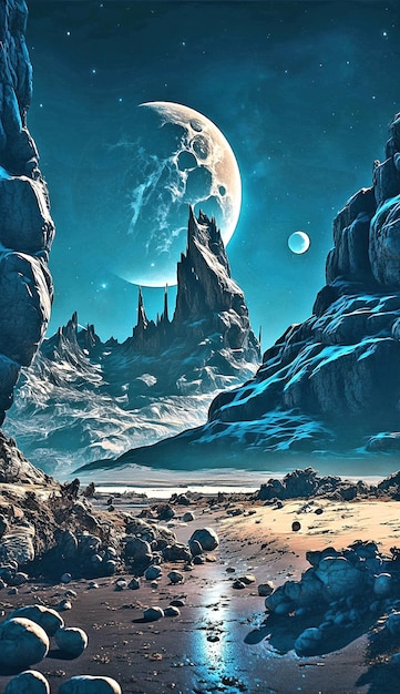 Ein Gemälde einer Landschaft mit einem Planeten und einem Mond im Hintergrund