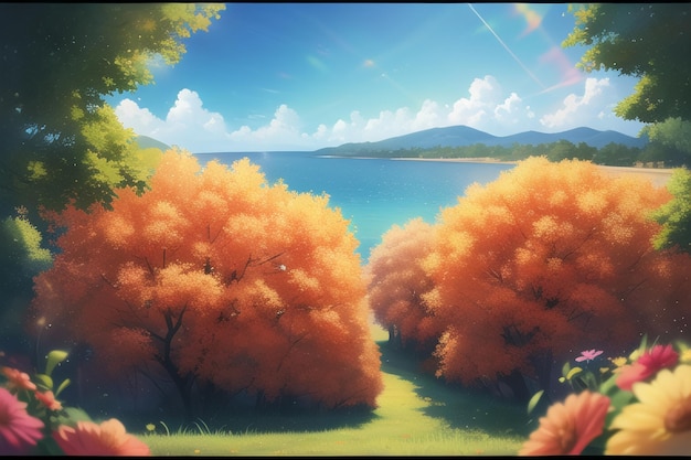 Ein Gemälde einer Landschaft mit einem See und Bäumen mit der Aufschrift „das Wort“ darauf