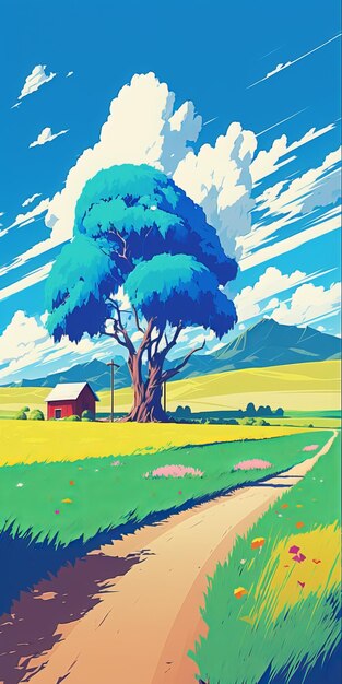 Ein Gemälde einer Landstraße mit einem Baum und einem Haus im Hintergrund.