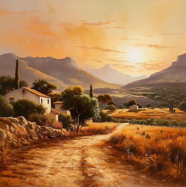 Ein Gemälde einer Landstraße mit einem Sonnenuntergang im Hintergrund