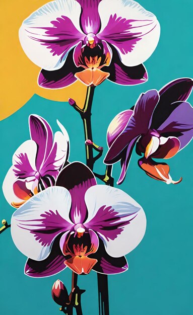 ein Gemälde einer lila-weißen Orchidee mit gelbem Hintergrund