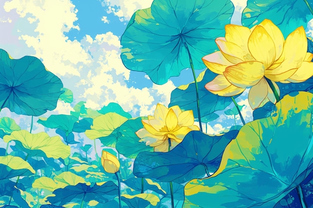 ein Gemälde einer Lotusblume mit dem Himmel im HintergrundLixia Sonnenzeit nationaler Gezeitenlandschaft