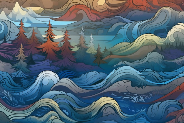 Ein Gemälde einer Meereslandschaft mit Bäumen und dem Himmel im Hintergrund.
